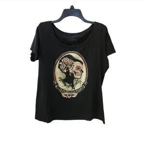 Lucky Thirteen Black Belleza Sugar Skull Scoop Neck Top Juniors 2X